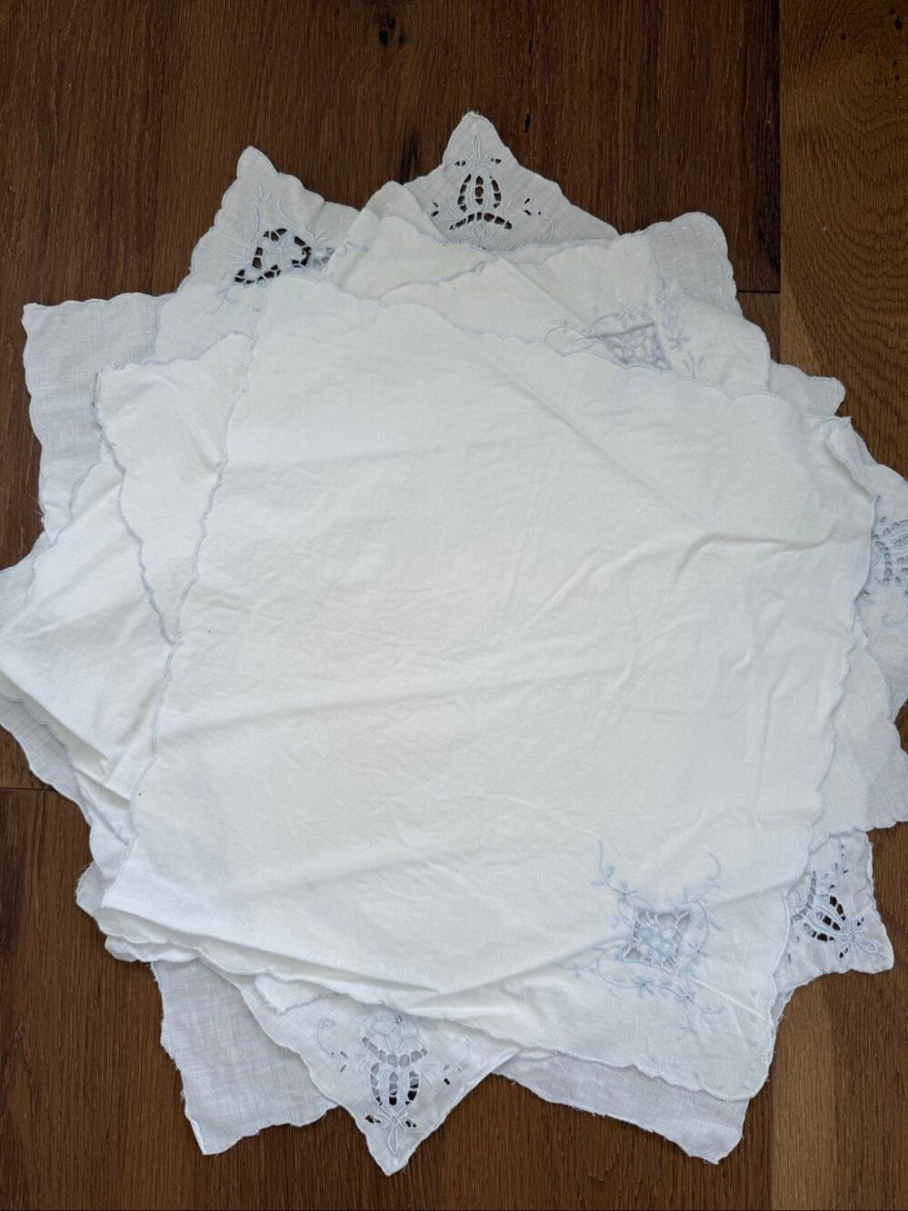 8 Vintage Embroidered Punchwork White Muslin 15” Square Napkins Blue Edging